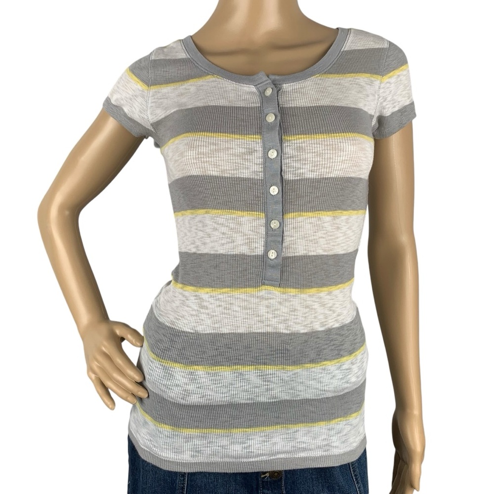 Aeropostale Yellow Gray Striped Preppy Fitted Short Sleeve Top Women’s Medium